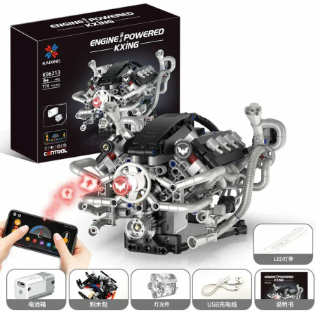 Конструктор KXING K96213 — Моторизованная модель V8 двигателя, 770 деталей